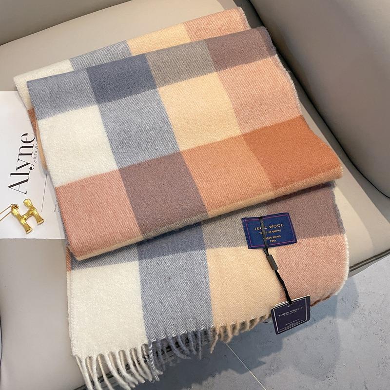 Pure Wool Scarf Women's Autumn and Winter New Fashion Plaid High-end Warm Thickened Cashmere Scarf Gift