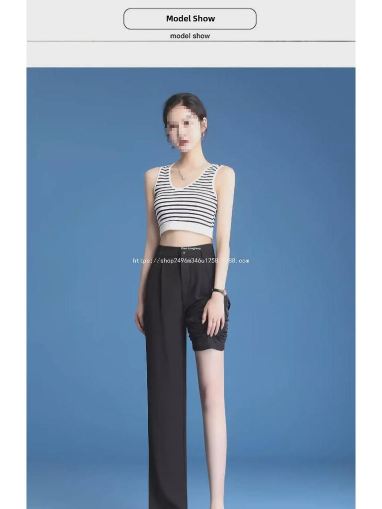 Summer Black High-Waist Ice Silk Wide-Leg Pants for Women