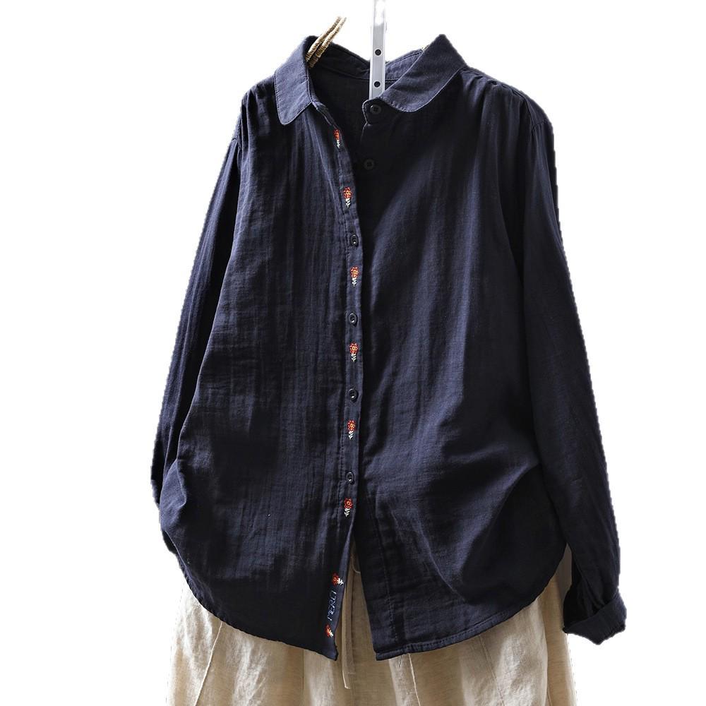 Women's Autumn Double Layer Cotton Long Sleeve Shirt - Solid Color, Casual, Slimming Design