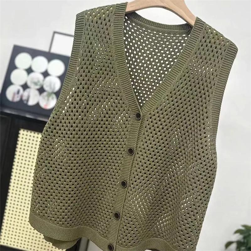Knitted Vest Coat Women Spring Autumn Hollow Sweater Sleeveless Jacket Ladies Loose Large Size Cardigan Waistcoat Top
