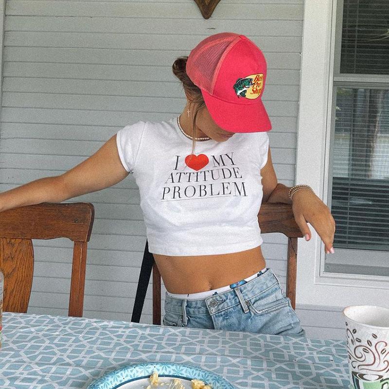 European, American English slogans Printed sexy exposed navel short T-shirt fashionable round neck slim slim top women's multi-picture