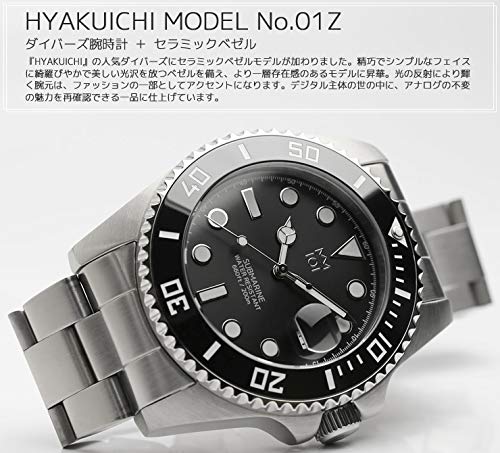 HYAKUICHI 101 No.1Z Men's Quartz Dive Watch, 20 ATM Water Resistant, Ceramic Bezel, Calendar, Metal Band (Black)