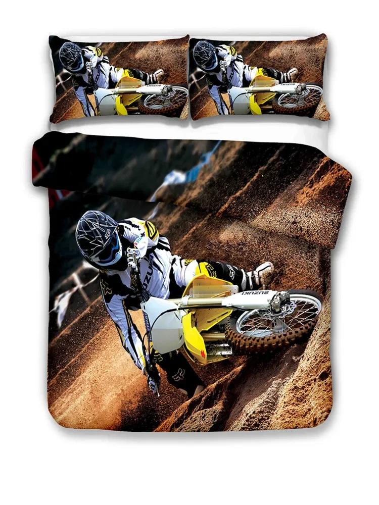 Luxury Bedding Set Motorcycle Print Queen Size Duvet Cover Set with Pillowcase Motocross Bedspread Boy's Bed Set for Home Decor