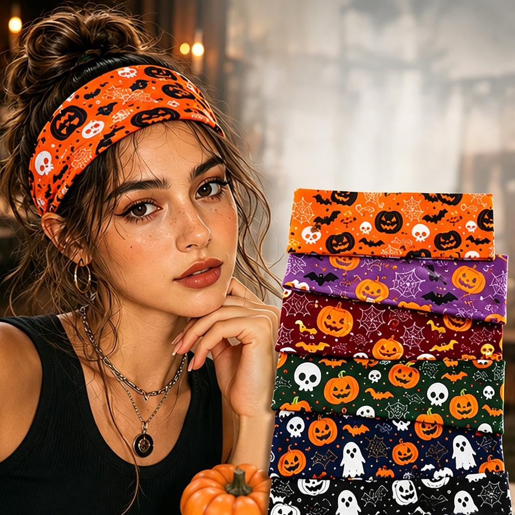 Halloween Themed Headband for Women Stretchy Party Headwear Ghost Pumpkin Spider Web Bat Print Fashion Hair Accessory