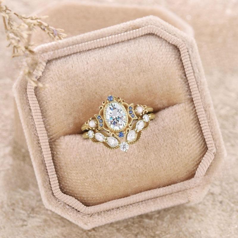 Delicate Women Rings Gold Color Round Moon White Stone Rings Party Set Accessories Gift