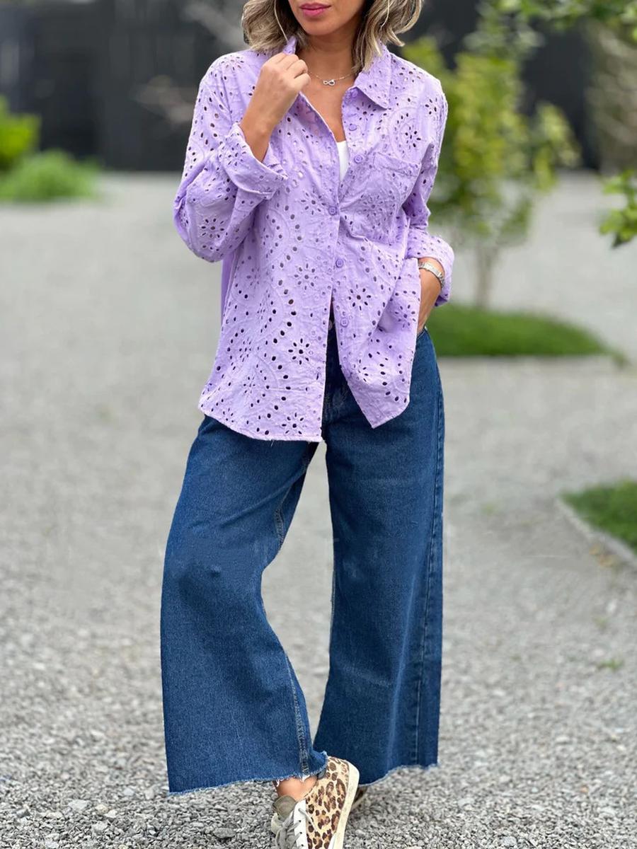 

Весенне-осенний сезон Однотонная рубашка Воротник Свободная Вышивка Ажурная Большой размер Женская рубашка Топ S фиолетовый