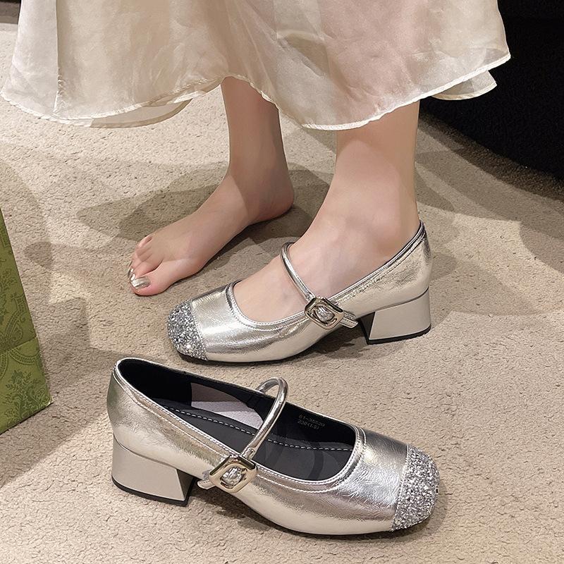 Silver Inner Height Increase Women's Single Shoes with Round Head Soft Sole Flat-soled Ballet Shoes with Mary Jane Shoes Women