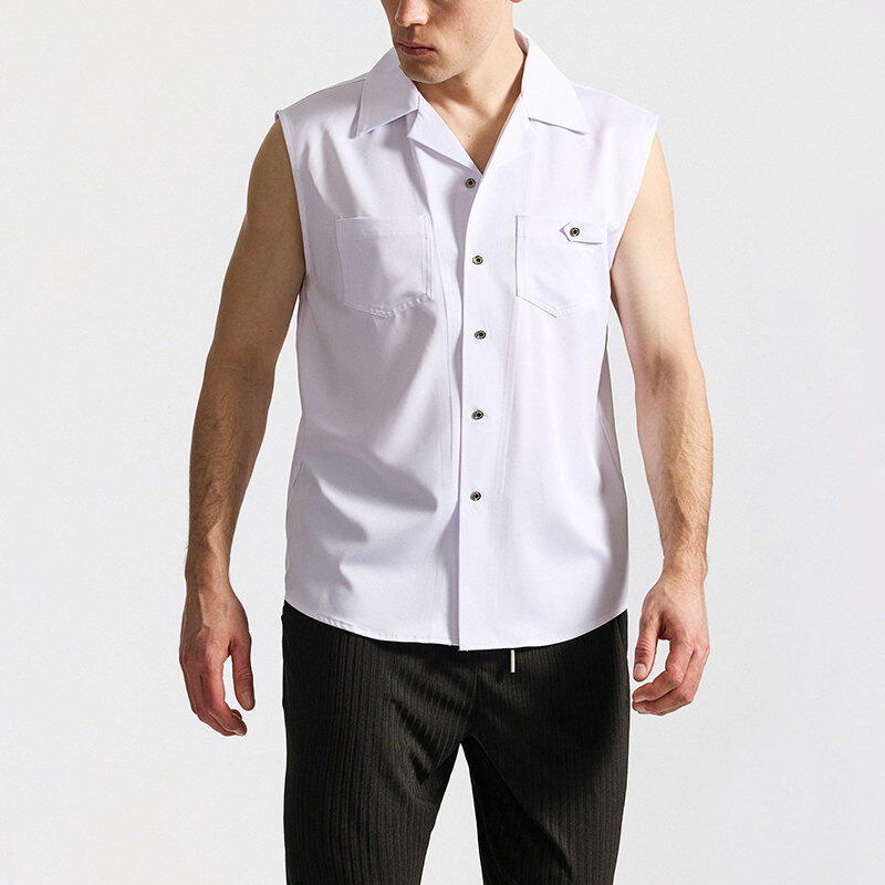 Men's Sleeveless White Shirt Summer Casual Breathable Collared Top Double Pocket Male Blouse