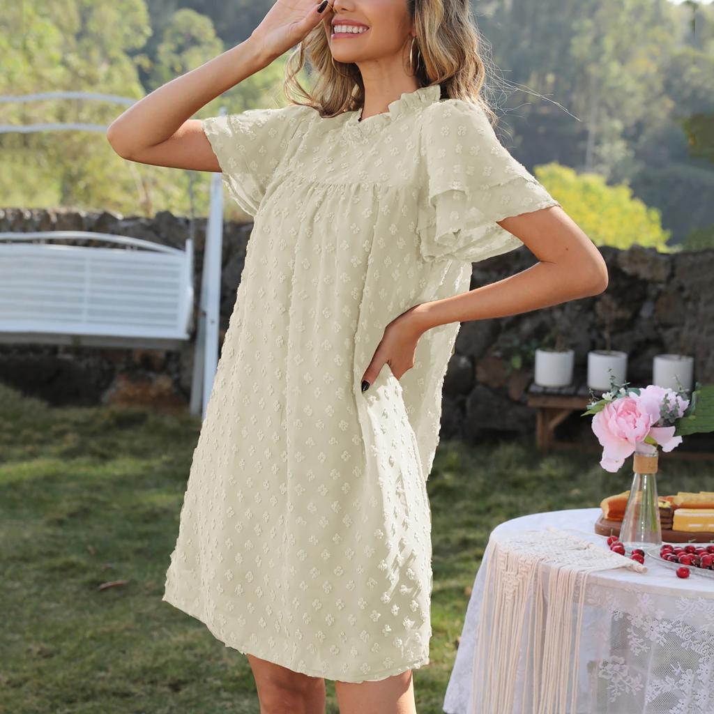 Women's Fashion Casual Solid Color With Small Ball Round Neck Double Layer Short Sleeve Dresses