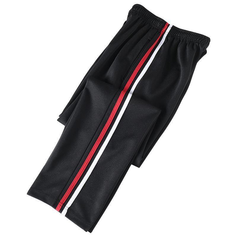 Autumn New Red White Stripes Casual Sports School Uniform Pants Solid Elastic Waist Pockets Durable Breathable Straight Trousers