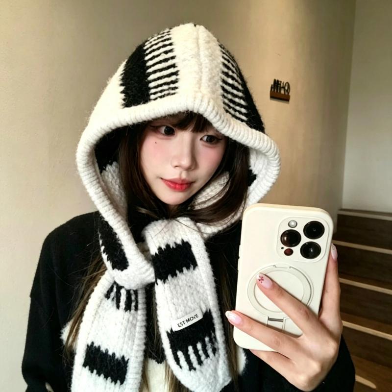 Thick Warm Knitted Hooded Scarf With Black White Stripes For Winter Outdoor Walking Daily Wear