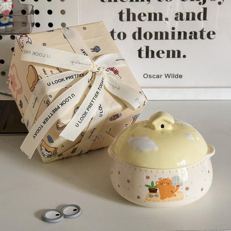 Ins Cute Ceramic Steamed Egg Bowl with Lid Crock Pot Binaural Stew Cup Soup Cup Household Steamed Egg Custard Children's Special Bowl