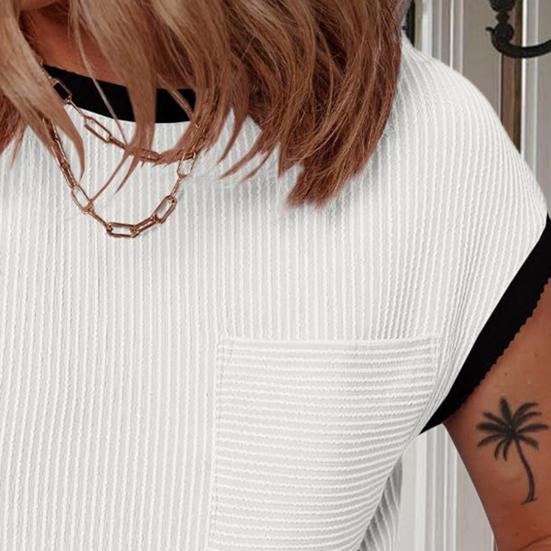 Women T-shirt Round Neck Short Sleeve Pocket Decoration Tee Shirt Color Block Loose Fit Tee Shirt Leisure Wear