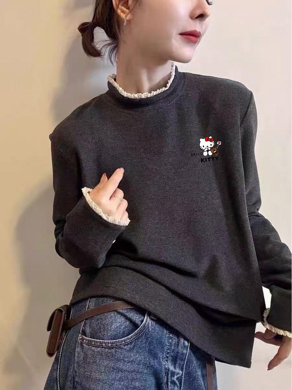 

Kitten Print Lace Collar Fleece-Lined Women s T-Shirt: Thick, De Rong Fabric, Half-High Neck, Long Sleeves, Perfect for Autumn and Winter. M темно-сірий