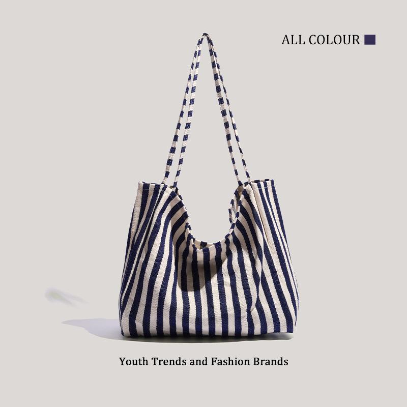Hong Kong Style Large-capacity Striped Tote Bag Women's New Simple and Fashionable Shoulder Bag Student Class Commuting Bag
