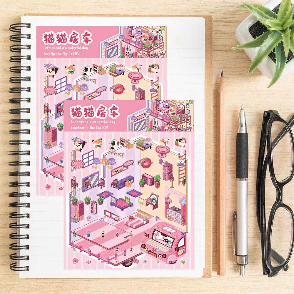 2PCS Cat RV Stickers Nostalgia Harajuku Laptop Luggage Decompression PET Material Art Picture Harajuku Stacking DIY Sticker