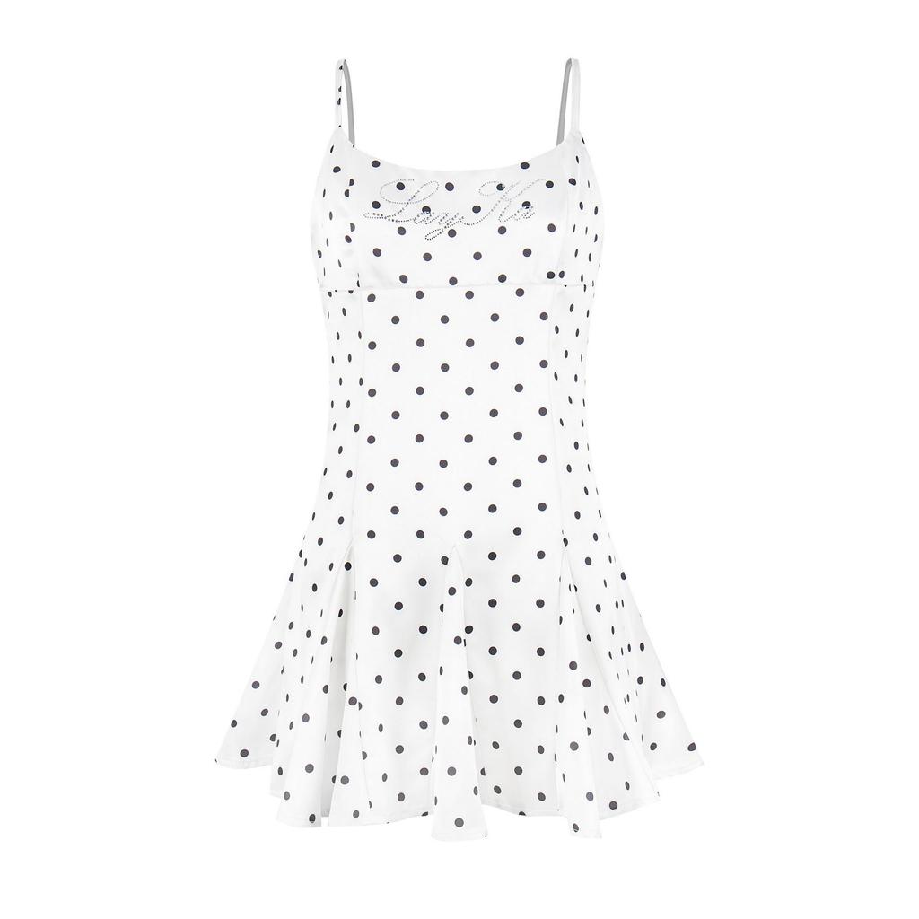 Summer '26 American Retro Polka Dot Rhinestone Strappy Dress for Women