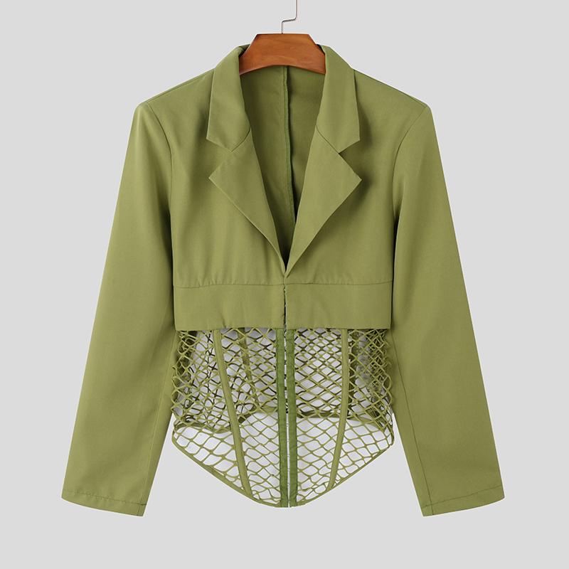 

INCERUN Men Lapel Neck Long Sleeve Mesh Hollow Patchwork Irregular Thin Blazer Short Coat 3XL зелений