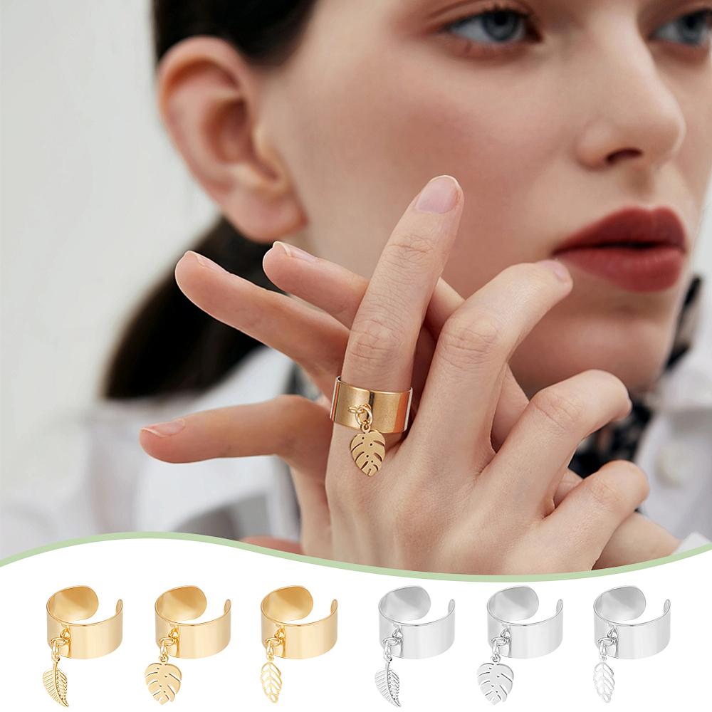 10Pcs 10 Style 304 Stainless Steel Open Cuff Rings Set, Stackable Rings with Charms, Leaf, Inner Diameter: 17~18mm, 1pc/style