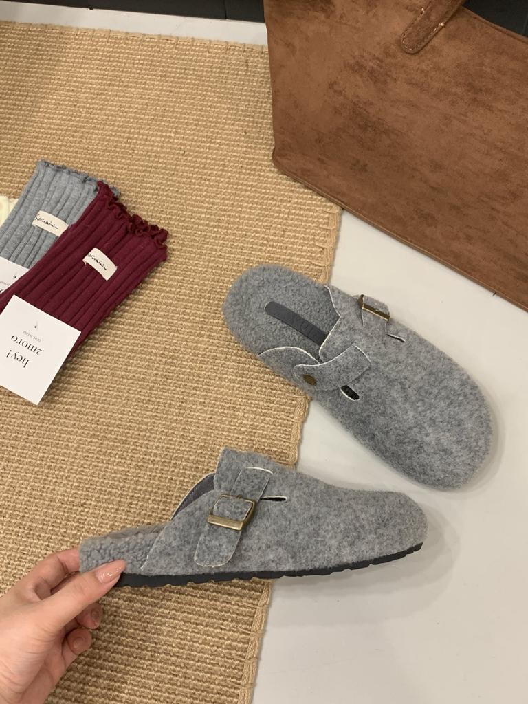 Thick-soled Birkenstock Wool Shoes 2025 Autumn and Winter Korean Version One-word Fluffy Slippers Women Wear Flat-soled Birkenstock Velvet Cotton Shoe