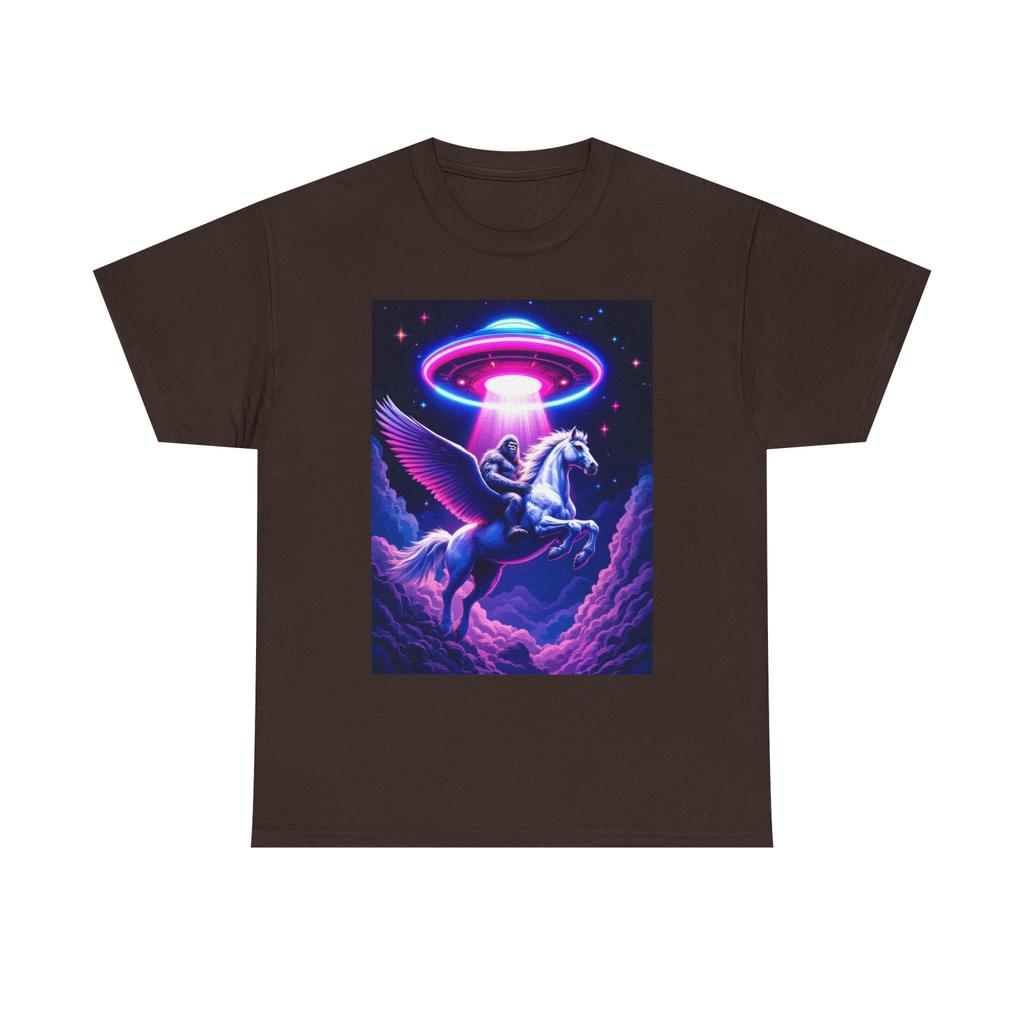 Bigfoot On a Winged Pegasus Getting Abducted By a UFO T-Shirt Fun Alien Shirt