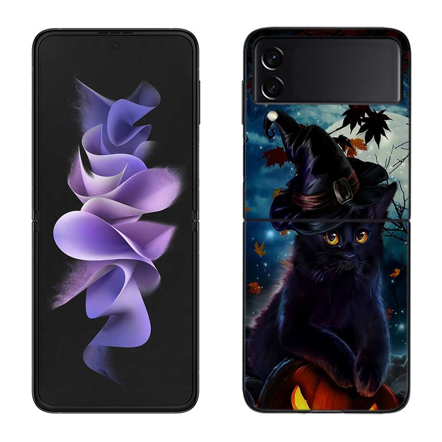 Halloween Magic Cat Phone Case For Samsung Z Flip 7 6 5G Galaxy Z Flip 5 4 3 Black Hard Cell Cover Luxury PC Shell Coque