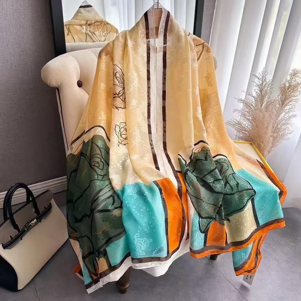 180 * 90 High-End Single-Sided Cut Dill Long Shawl Retro Chinese Style Ancient Charm Elegant Silk Scarf Dunhuang