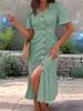 Damen Kurzarm Midi Kleid V-Ausschnitt Mittlere Taille Elegant Einfarbig Gestrickt A-Linie Kleid Knopfleiste Vorne Lässig Sommer Partykleid