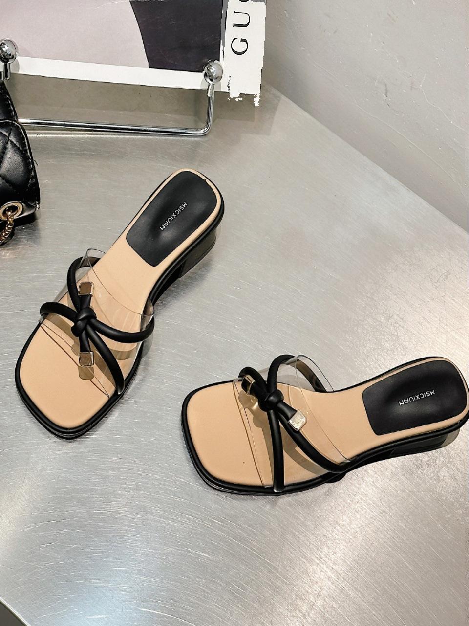 

Прозрачные сексуальные шлепанцы-мюли в стиле феи, лето 2025, новинка, бант, толстый каблук, квадратный носок, открытый носок, сандалии на одной перемычке 40 чёрный