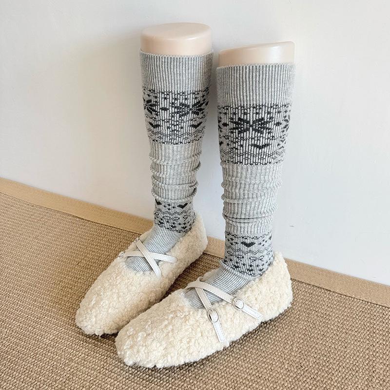 Women's Wool Mid-Calf Socks: Thickened Autumn/Winter Brown Slouch & Gray Stirrup Warmers