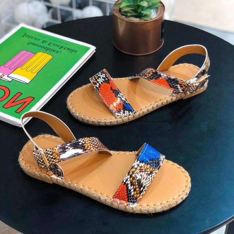 Snake Print Sandals Women New Ankle Strap Flat Sandals Buckle Comfortable Women's Shoes Fashion Casual Open Toe Sandals