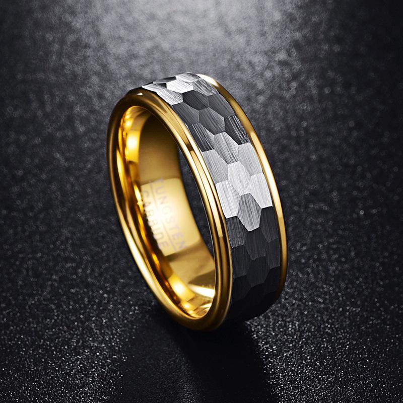 Silver-Gray Matte Hexagonal Tungsten Steel Ring with Gold-Plated Interior (8MM Wide) Men's Size