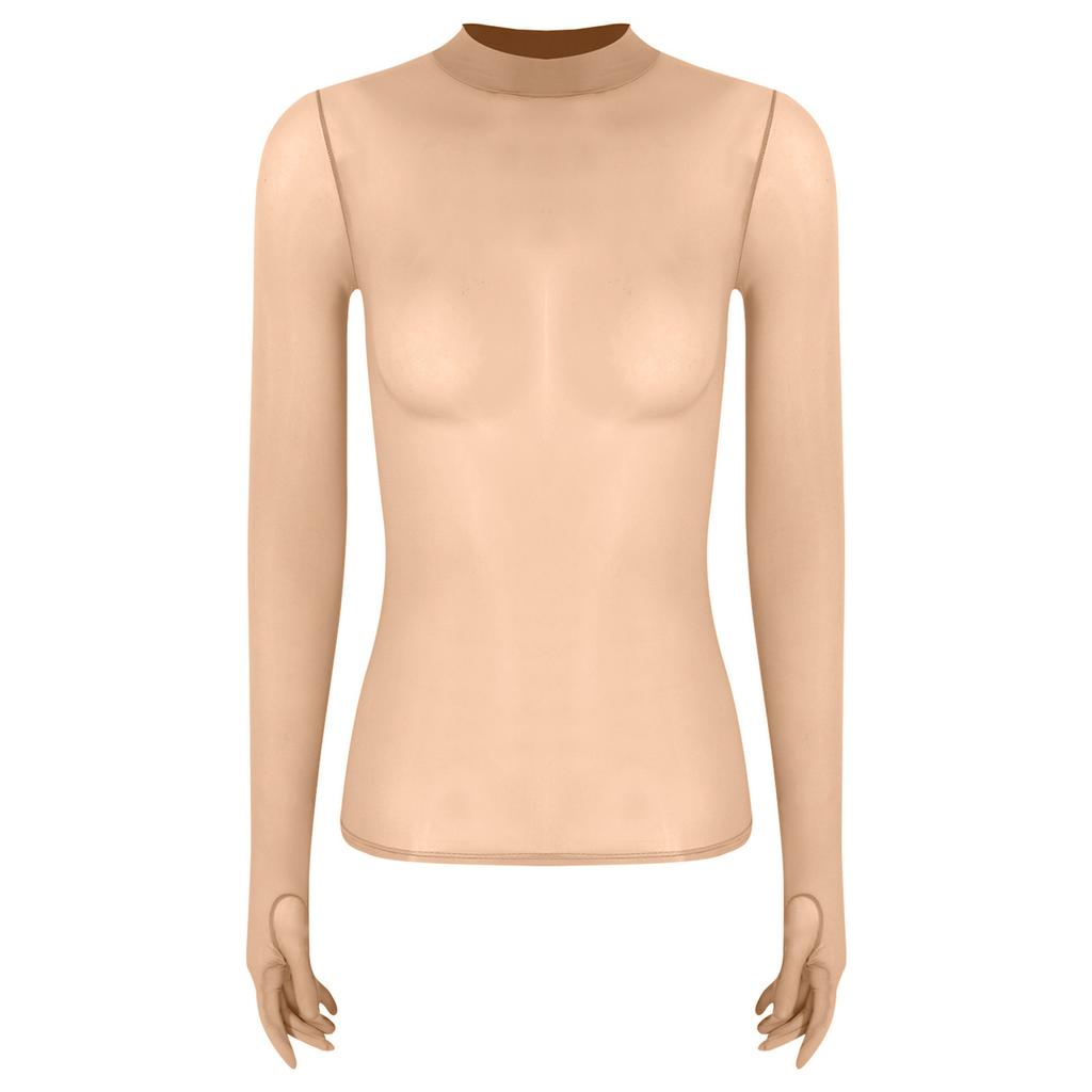 Womens Glossy Sheer Long Sleeve Top Slim Fit Stretchy Pullover Round Neck Nightclub Glamorous Clubwear
