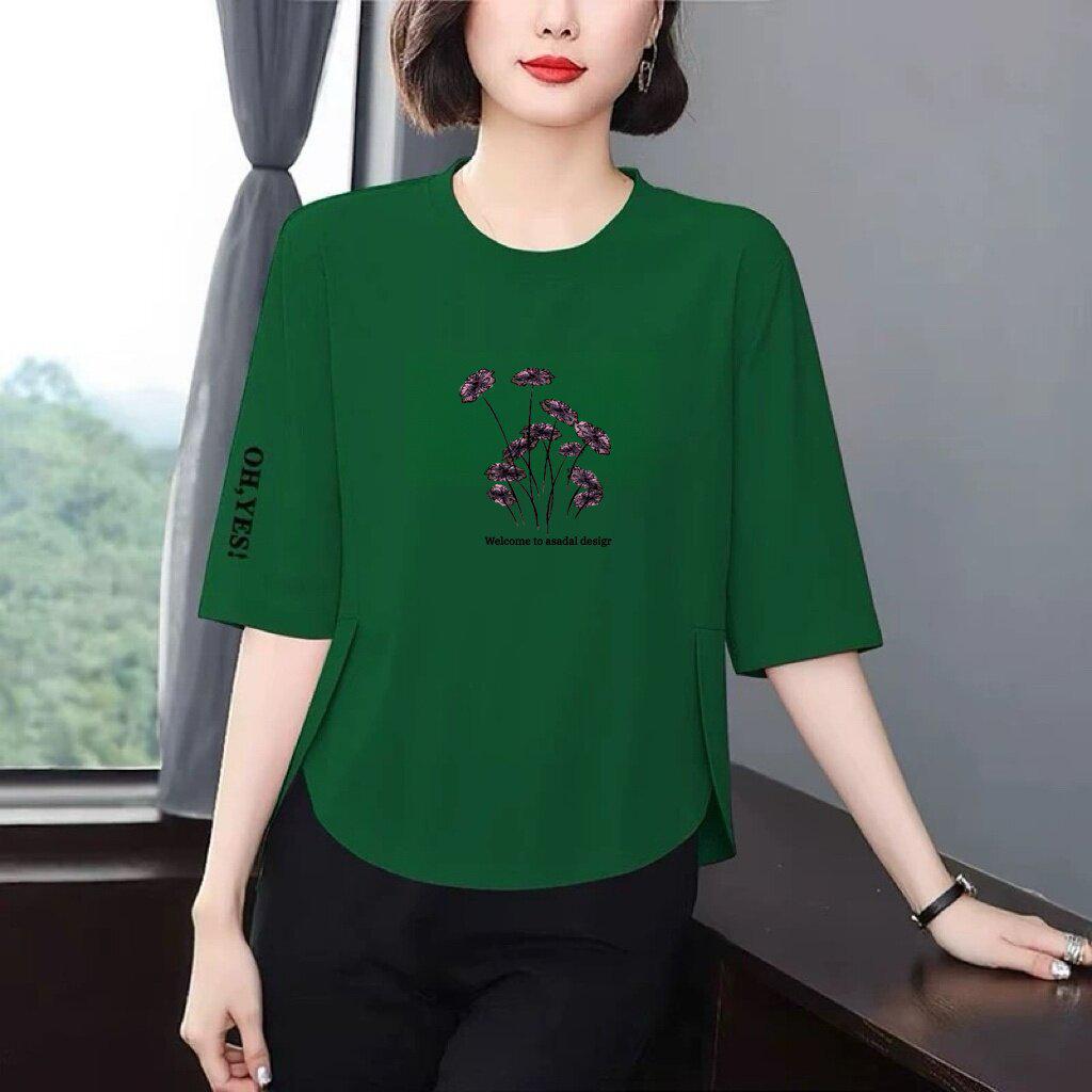 Elegant Green Printed Three-Quarter Sleeve T-Shirt for Women: Loose, Slimming, Tummy-Covering, Versatile, Age-Defying Top