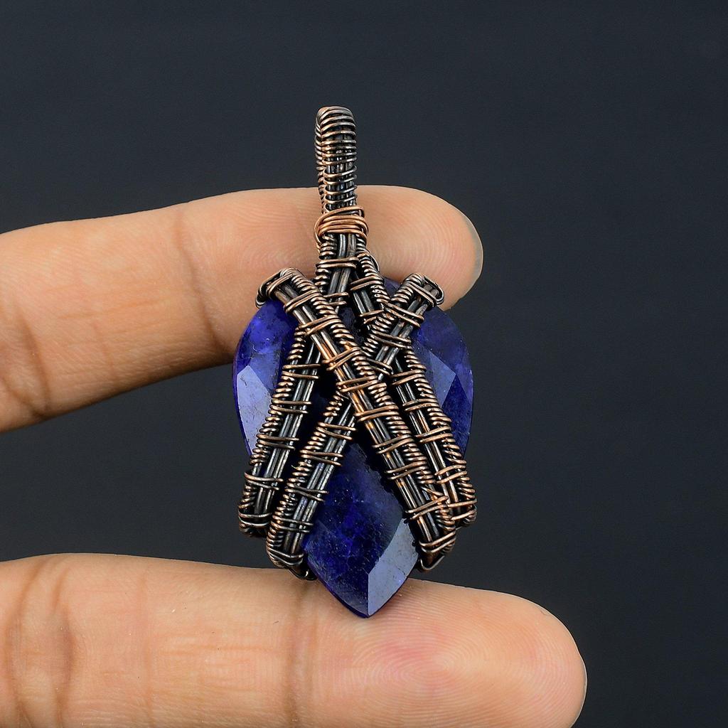 Blue Sapphire Pendant, Handmade Gemstone Pendant, 999 Copper Wire Wrapped Pendant Antique Jewelry, For Engagement Gift