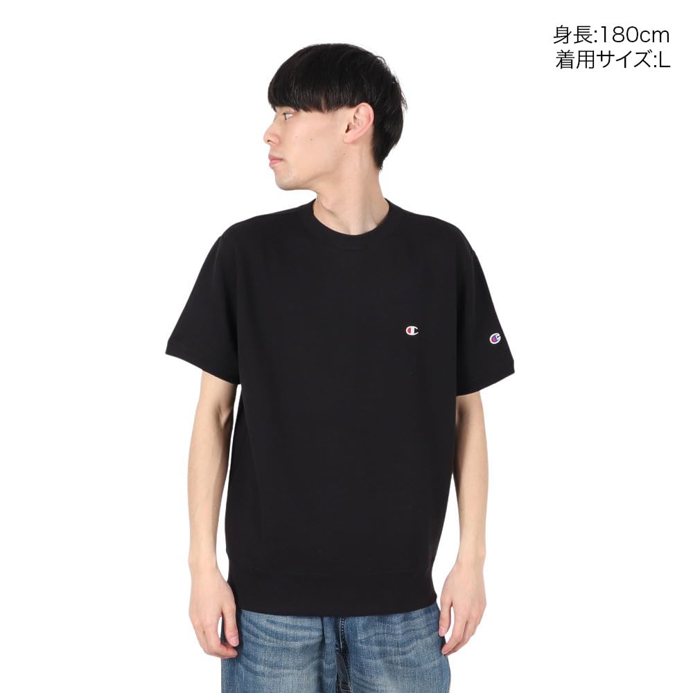 Champion Basic Short Sleeve Crew Neck Sweatshirt with Fleece Lining and Size L Men's One-Point Logo, Black, (C3-Z020)