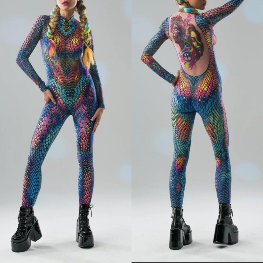 Unisex 3D Digital Colorful Snake Leopard Pattern Animal Printing Outfit Adults Halloween Party Role Play Cosplay Costume Carnival Jumpsuit