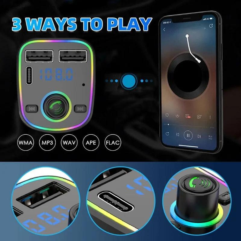 Multifunctional Car Charger Car Bluetooth 5.2 FM Transmitter PD Type-C Dual USB 3.1A Fast Charger Multi Hole Color Ambient Light