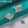 925 Sterling Silver Square Flower Stud Earrings For Women Party Fashion Jewelry