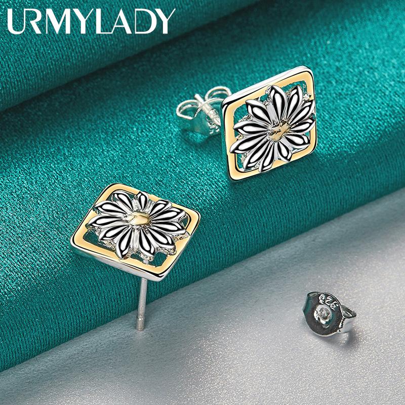 925 Sterling Silver Square Flower Stud Earrings For Women Party Fashion Jewelry
