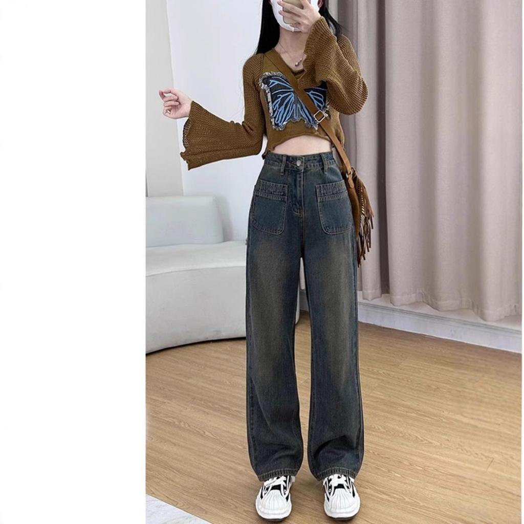 Damskie dżinsy z wysokim stanem, retro, z szerokimi nogawkami - wyszczuplające, drapowane i do ziemi (Wiosna/Jesień 2025)