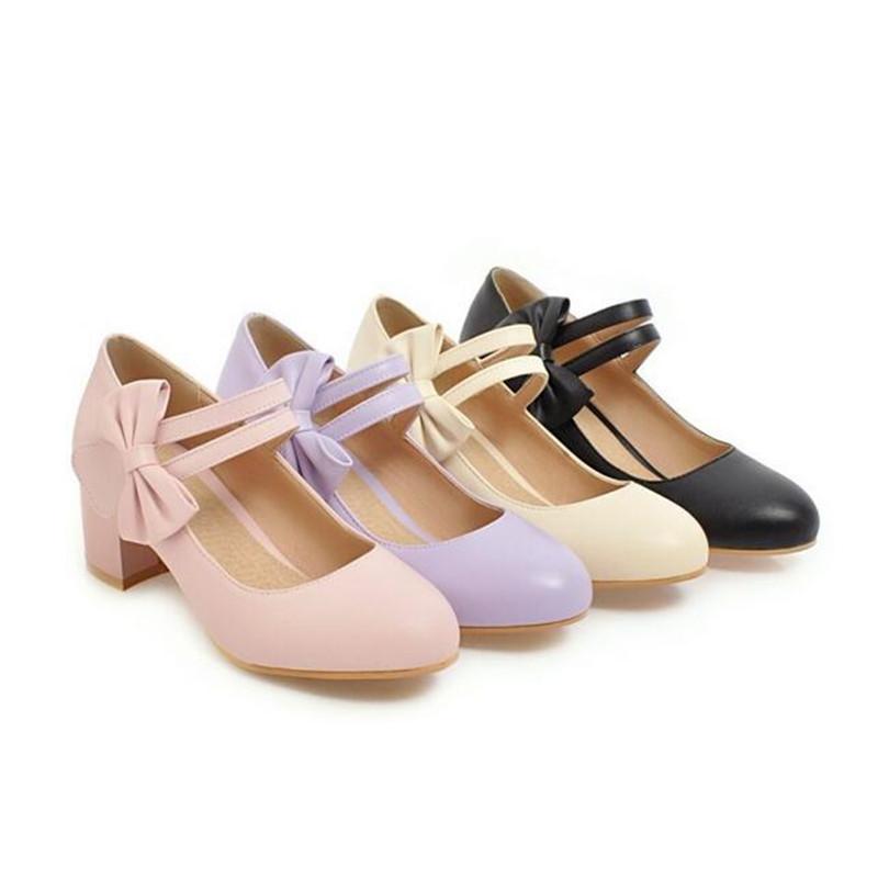 Girls Leather Shoes Lolita Shoes Mary Jane Pumps For Women High Heels Pink Bow-knot Block Heels Shoes Wedding Bride Pumps 31-43