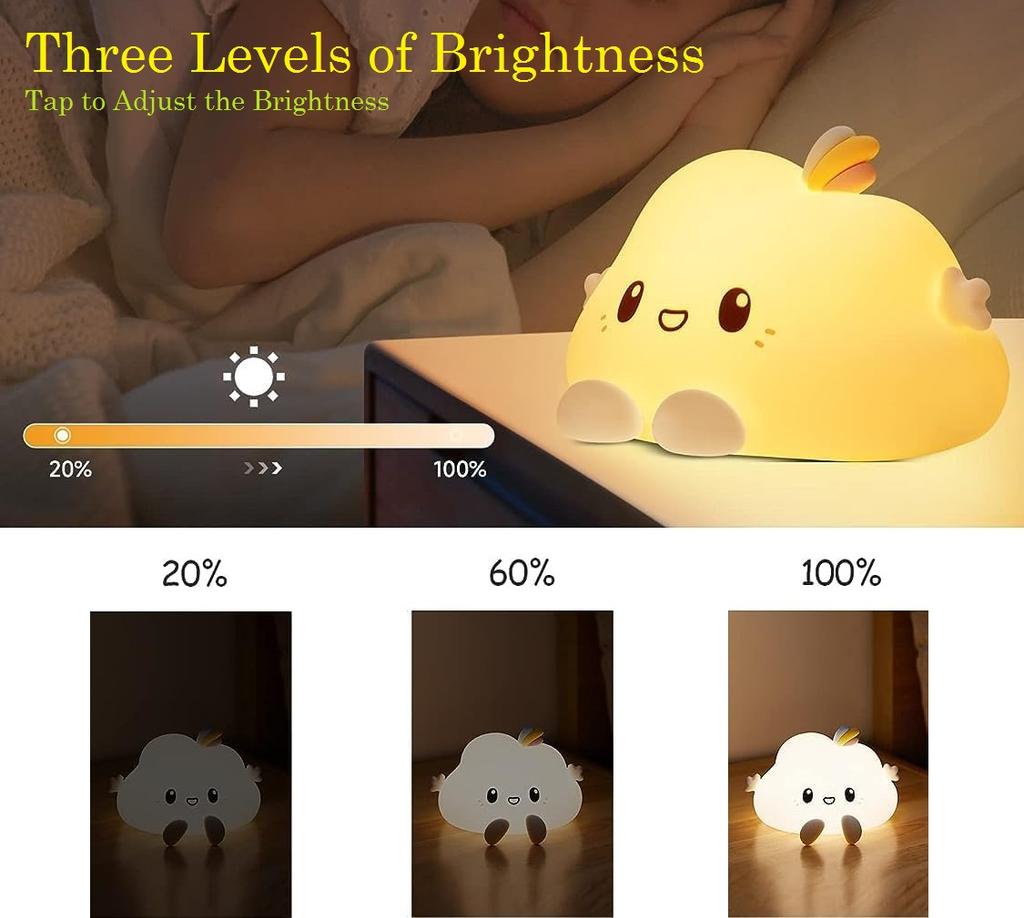 Portable LED Bedside Lamp Cute Cloud Silicone Night Light with 3 Brightness Levels Animal Nursery Silicone Night Light