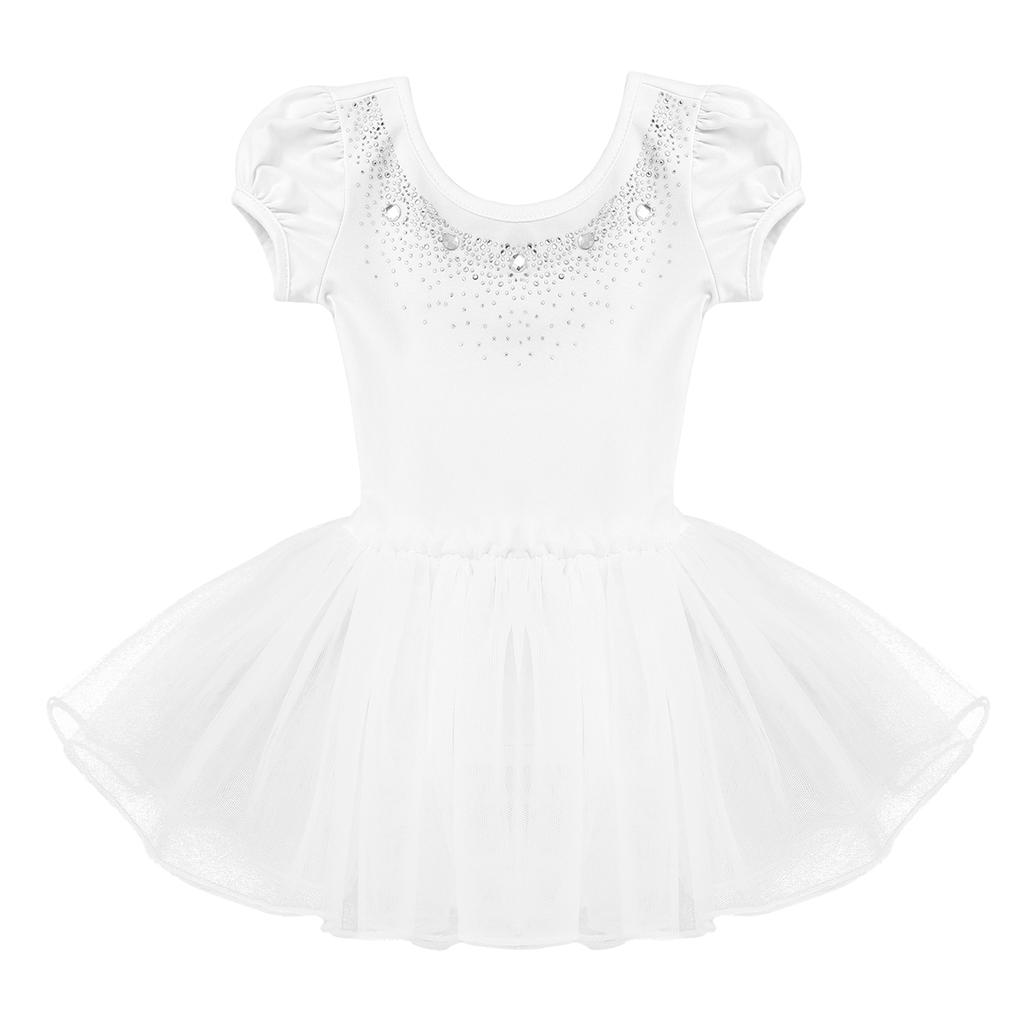 Kids Girls Dance Short Sleeves Ballet Mesh Tutu Dress Child Dancewear Costumes
