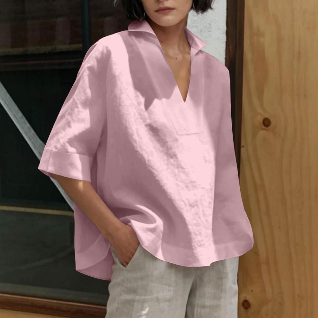 Women's Fashionable Casual Loose Fit Comfortable V Neck Shirt Versatile Three Quarter Sleeve Plus Size Top
