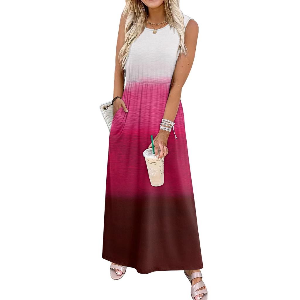 Ladies' Gradient Printed Casual and Fashionable Waist Cinched Sleeveless Dress