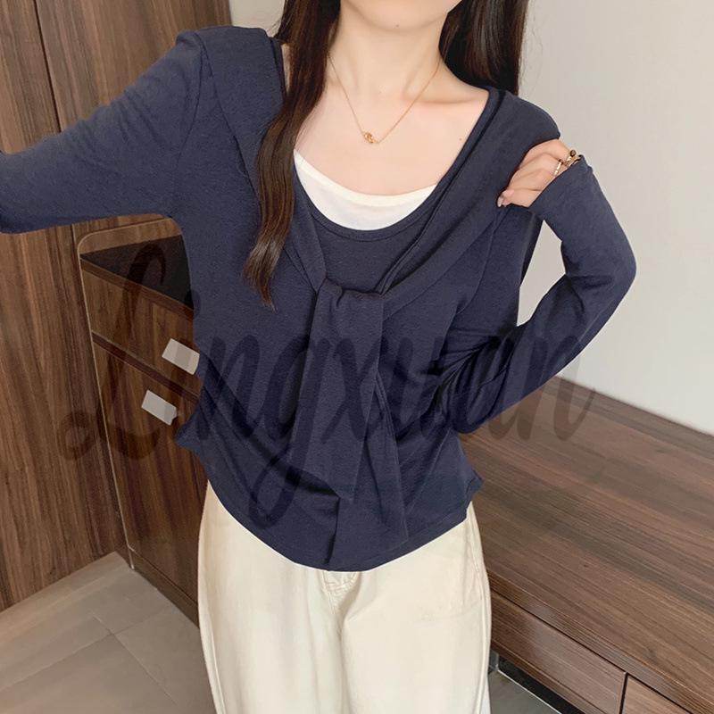 

2026 Spring Women s Plus Size Stylish Tie-Waist Long-Sleeve Two-Piece T-Shirt XL королевский синий