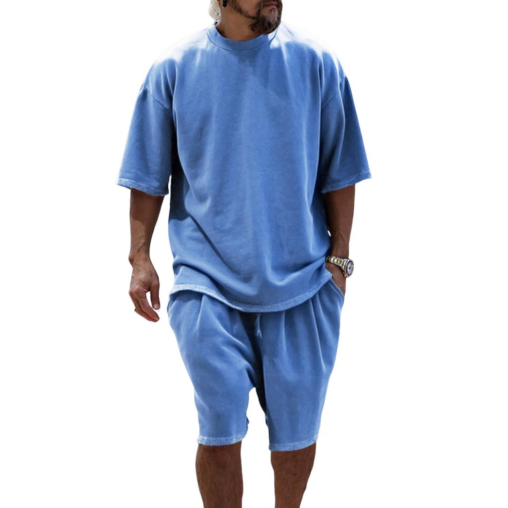 Set Due Pezzi T-shirt da Uomo a Maniche Corte Girocollo e Pantaloncini con Coulisse Outfit Estivo Casual Vestibilità Larga per l'Uso Quotidiano