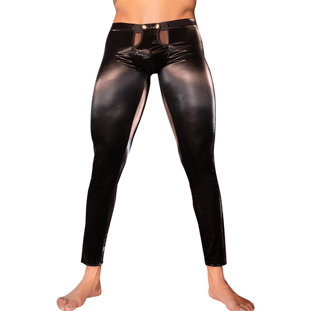 Sexy Men Faux Leather Pants Glossy Shiny Fashion Pants Role Tights Open Crotch Soft Pencil Pants Hollow Out Hip Leggings