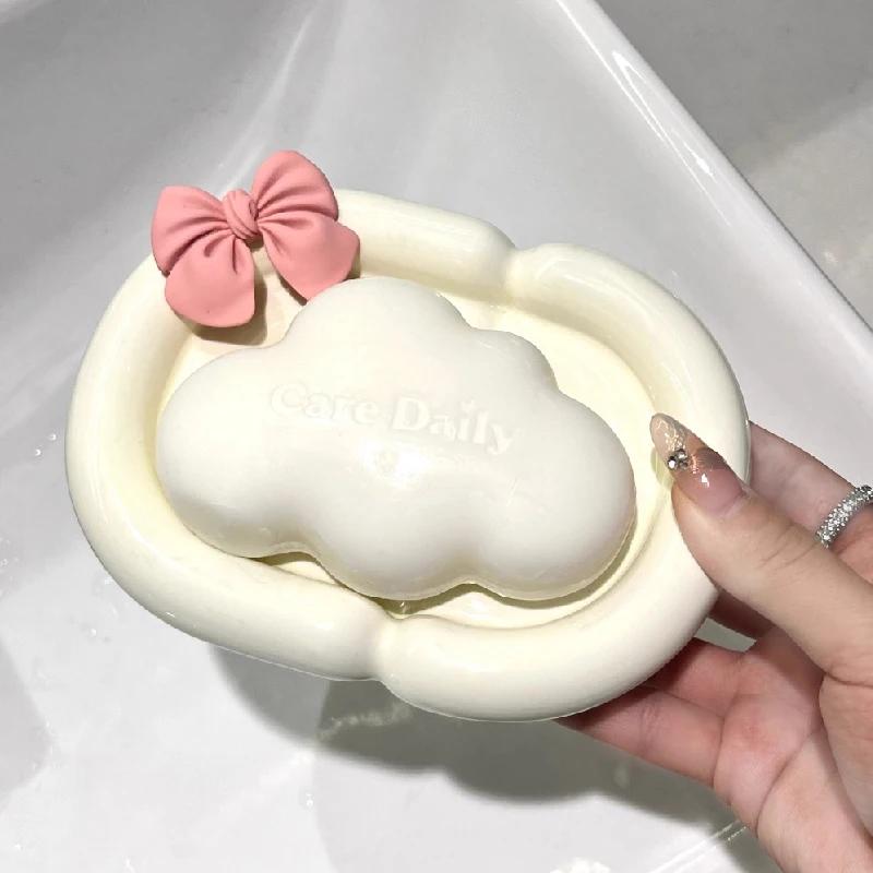 Bow Ceramic Soap Box Elliptical Drain Soap Box Creative Household Soap Dish Rack Storage Box Bathroom Decoration Accessories